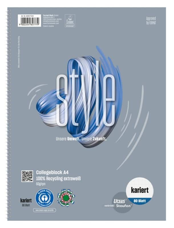 Ursus Green Notebook DIN A4 Kariert Spiralbindung Papier Weiß Gelocht Recycled 160 Seiten