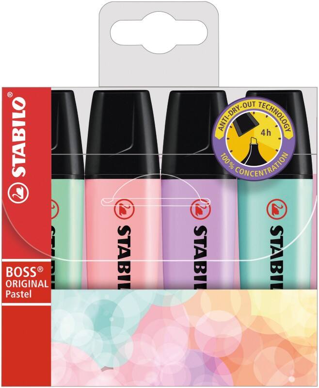 STABILO BOSS ORIGINAL Textmarker Mehrfarbig  Breit Keilspitze 2 - 5 mm Nachfüllbar 4 Stück