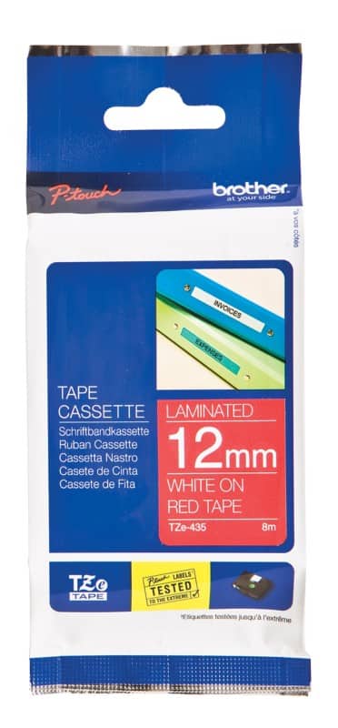 Brother TZe-435 Authentic Schriftband Selbstklebend Weißer Druck auf Red 12 mm x 8m