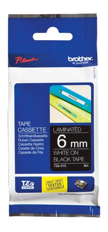 Brother TZe-315 Authentic Schriftband Selbstklebend Weißer Druck auf Schwarz 6 mm x 8m