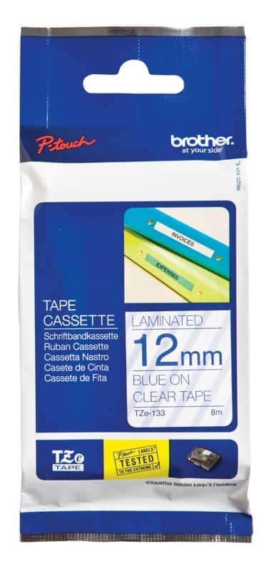 Brother TZe-133 Authentic Schriftband Selbstklebend Blauer Druck auf Transparent 12 mm x 8m
