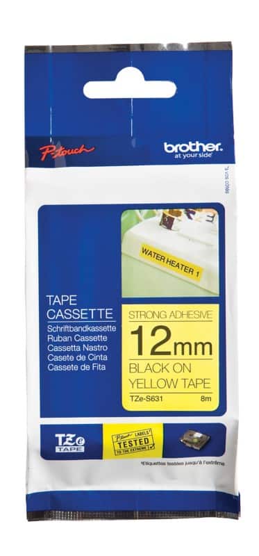 Brother TZe-S631 Authentic Schriftband Extra-stark klebend Schwarzer Druck auf Gelb 12 mm x 8m
