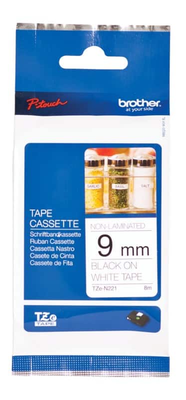 Brother TZe-N221 Authentic Matt Schriftband Selbstklebend Schwarzer Druck auf Weiß 9 mm x 8m
