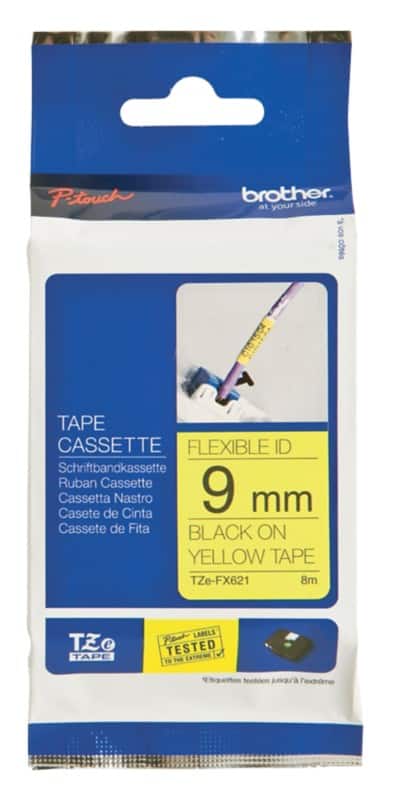 Brother TZe-FX621 Authentic Flexibles Schriftband Selbstklebend Schwarzer Druck auf Gelb 9 mm x 8 m