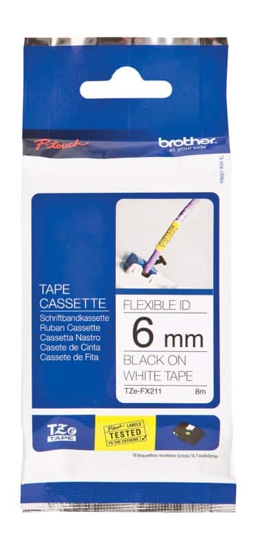 Brother TZe-FX211 Authentic Flexibles Schriftband Selbstklebend Schwarzer Druck auf Weiß 6 mm x 8m