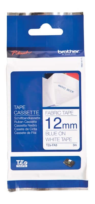 Brother TZe-FA3 Authentic Textilband Selbstklebend Blauer Druck auf Weiß 12 mm x 3 m