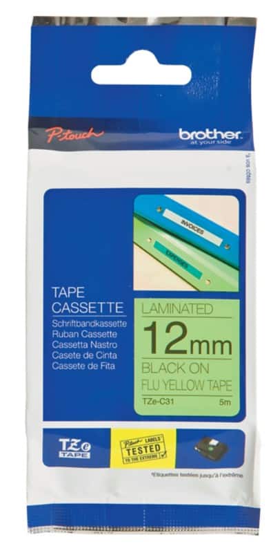 Brother TZe-C31 Authentic Floureszierend Schriftband Selbstklebend Schwarzer Druck auf Gelb 12 mm x 5m