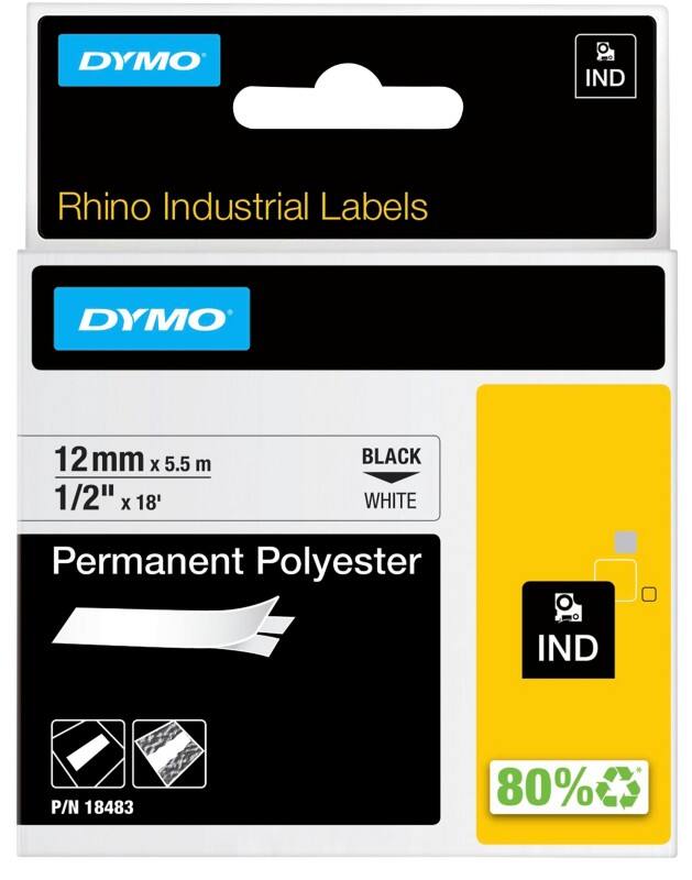 Dymo IND S0718210 / 18483 Authentic Rhino Polyester Schriftband Selbstklebend Schwarzer Druck auf Weiß 12 mm x 5.5m