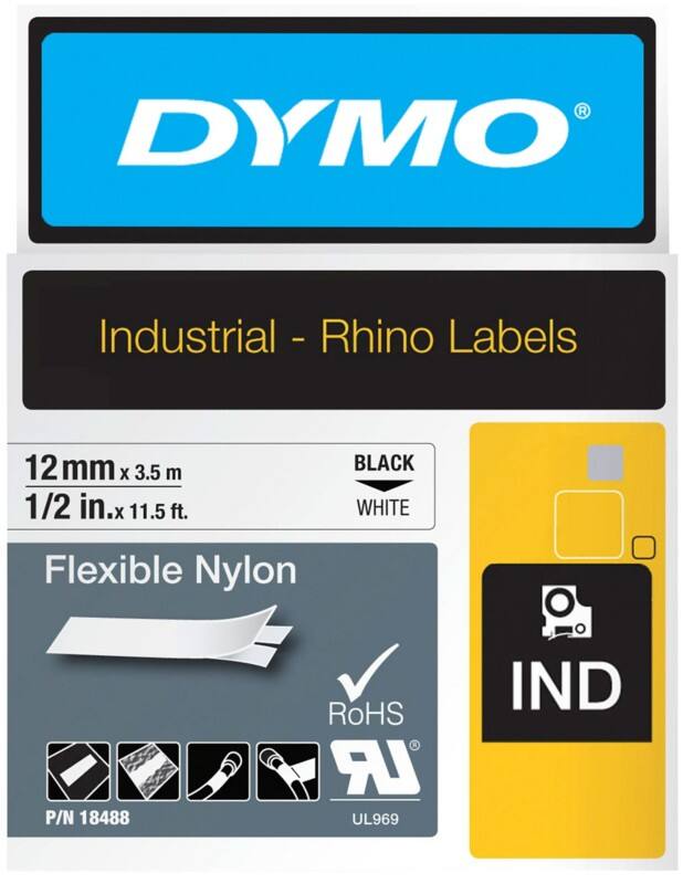 Dymo IND S0718100 / 18488 Authentic Rhino Flexibles Nylon Schriftband Selbstklebend Schwarzer Druck auf Weiß 12 mm x 3.5m