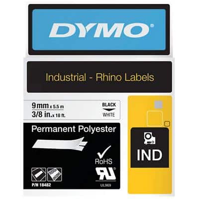 DYMO IND S0718240 Rhino Polyester Schriftband Selbsthaftend Schwarz auf Weiß 9 mm (B) x 5,5 m (L)