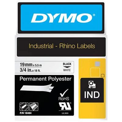 DYMO IND S0718220 / 18484 Authentic Rhino Polyester Schriftband Selbstklebend Schwarzer Druck auf Weiß 19 mm x 5.5m