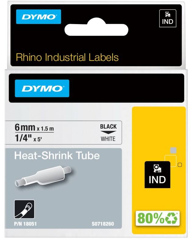 DYMO Heißschrumpfschlauch RHINO 18051 Schwarzer Druck auf Weiß  6 mm x 1,5 m