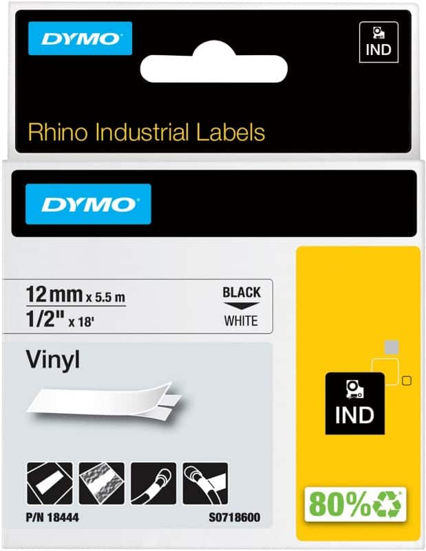 Dymo IND S0718600 / 18444 Authentic Rhino Vinyl Schriftband Selbstklebend Schwarzer Druck auf Weiß 12 mm x 5.5m