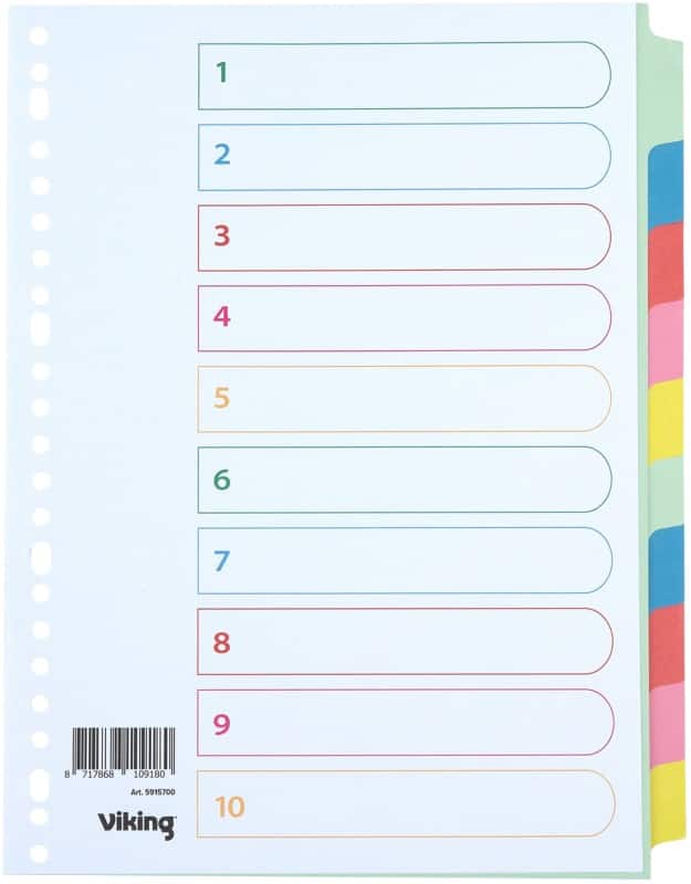 Viking Standard Blanko Blanko Register 100% Recycelt DIN A4 Farbig sortiert 10-teilig 160 g/m² Manila 23 Löcher 10 Blatt