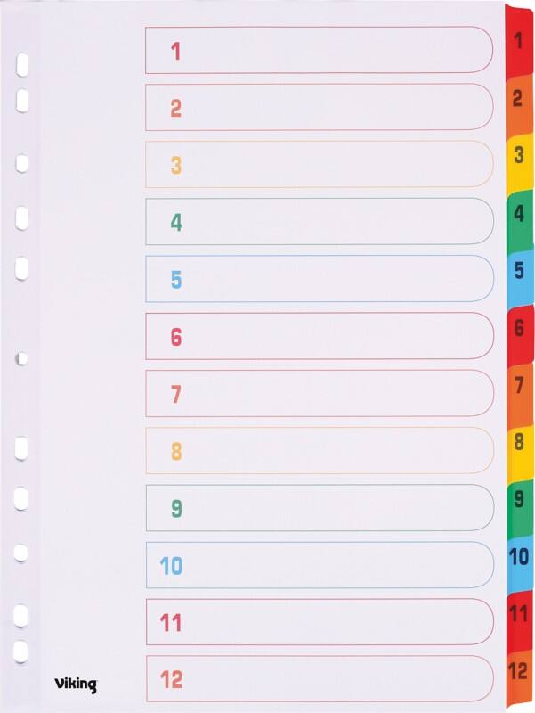 Viking Mylar 1 bis 12 Zahlenregister DIN A4 Farbig sortiert 12-teilig Pappkarton 11 Löcher
