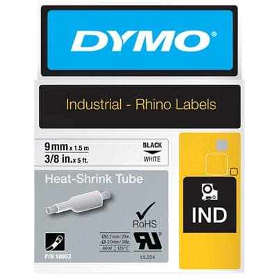 Dymo IND S0718280 / 18053 Authentic Rhino Heißschrumpfschlauch Selbstklebend Schwarzer Druck auf Weiß 9 mm x 1.5m