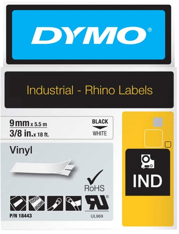 DYMO Schriftband RHINO 18443 Vinyl Schwarz auf Weiß 9 mm x 5,5 m