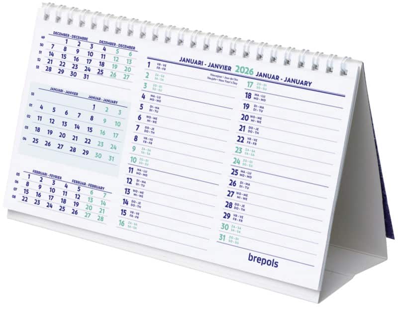 Brepols Schreibtisch-Kalender 2026 3 Monate / 1 Seite Deutsch, Französisch, Englisch, Niederländisch 12,5 (B) x 0,3 (T) x 21 (H) cm Weiß