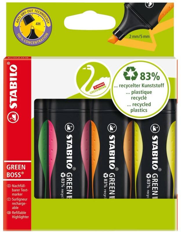 STABILO GREEN BOSS Textmarker Farbig sortiert 83% Recycelt Mittel Keilspitze 2 - 5 mm Nachfüllbar 4 Stück