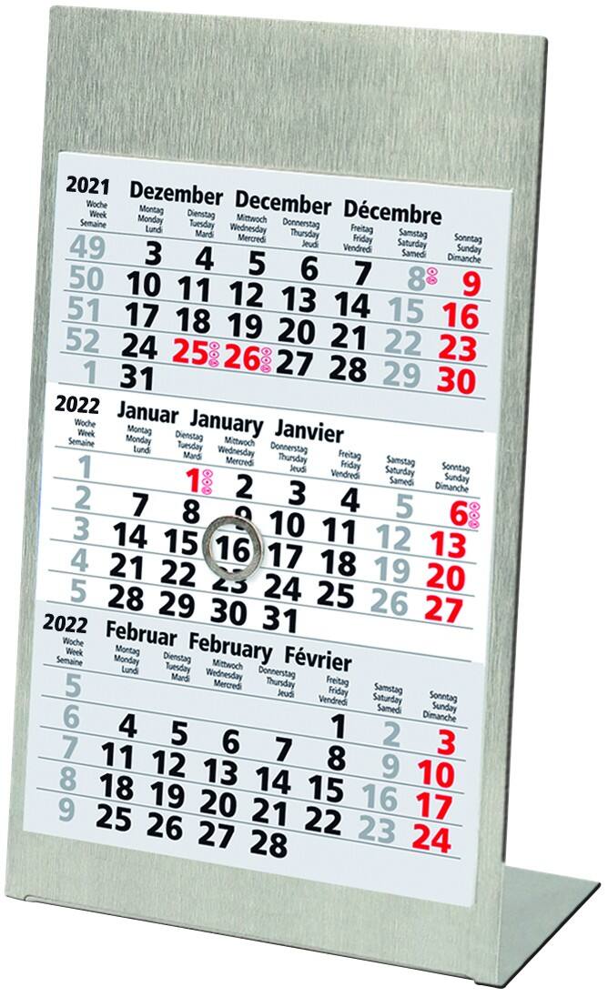 Güss Kalender GmbH Tischkalender 382270 2027 3 Monate/1 Seite Edelstahl Weiß Deutsch, Englisch, Französisch 10,5 x 23 cm