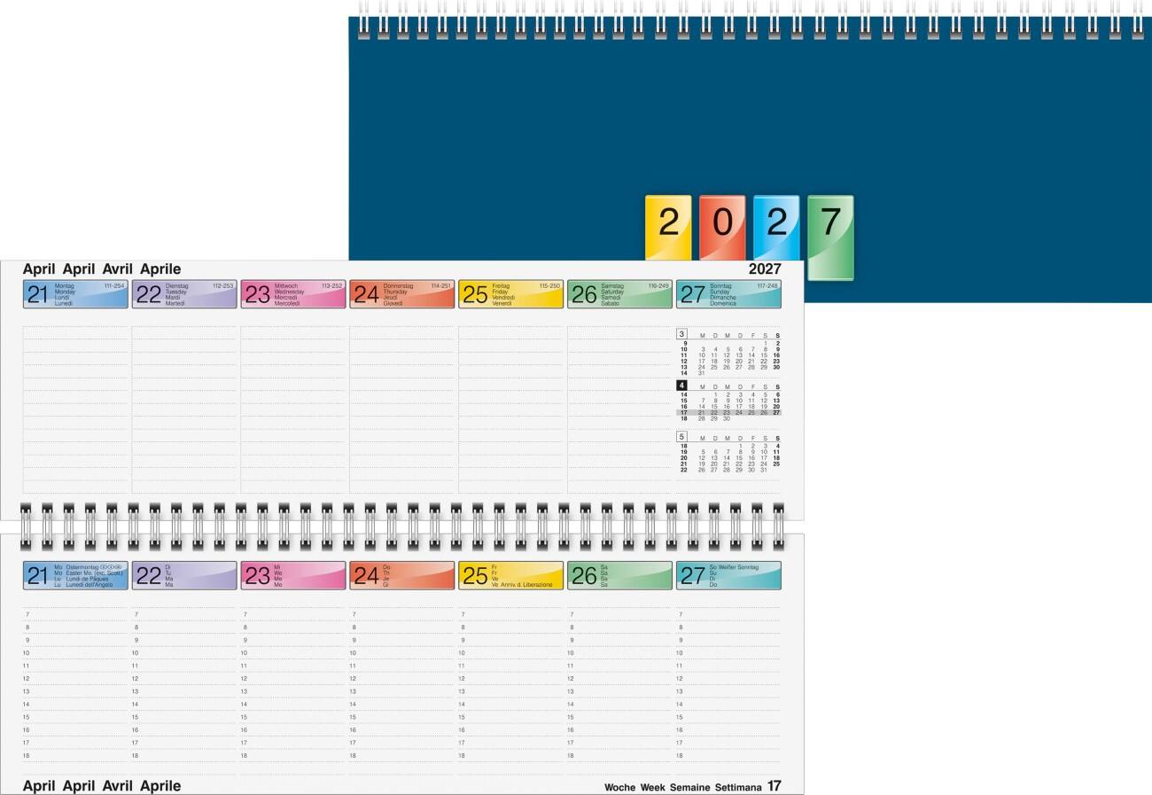BRUNNEN Tischkalender 2027 1 Woche / 2 Seiten Deutsch, Englisch, Französisch, Italienisch 29,7 (B) x 10 (H) cm Blau