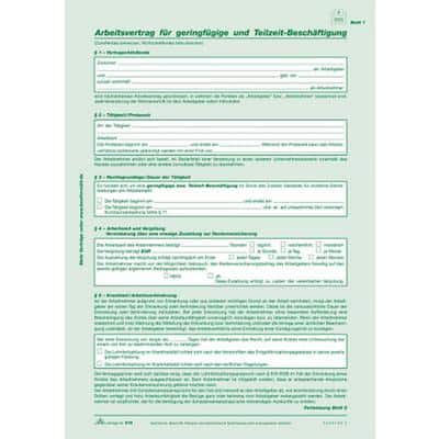 Rnk Arbeitsvertrag f.geringf. u.Teilzeit-Besch., 2x2 Blatt, sd 518, DIN A4,Inh.10 Stück