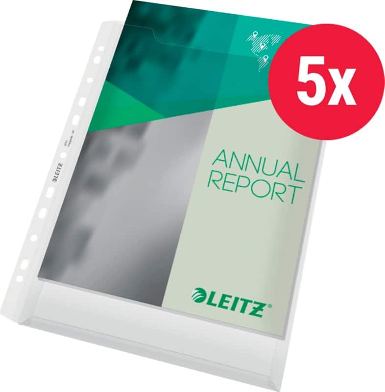 Leitz Prospekthüllen  DIN A4 Glasklar Transparent 180 Mikron PP (Polypropylen) Öffnung oben 11 Löcher 5 Stück