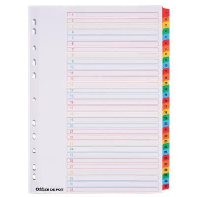 Office Depot Register DIN A4 Überbreite Weiß Mehrfarbig 31-teilig Pappkarton Rechteckig 11 Löcher 31 Blatt