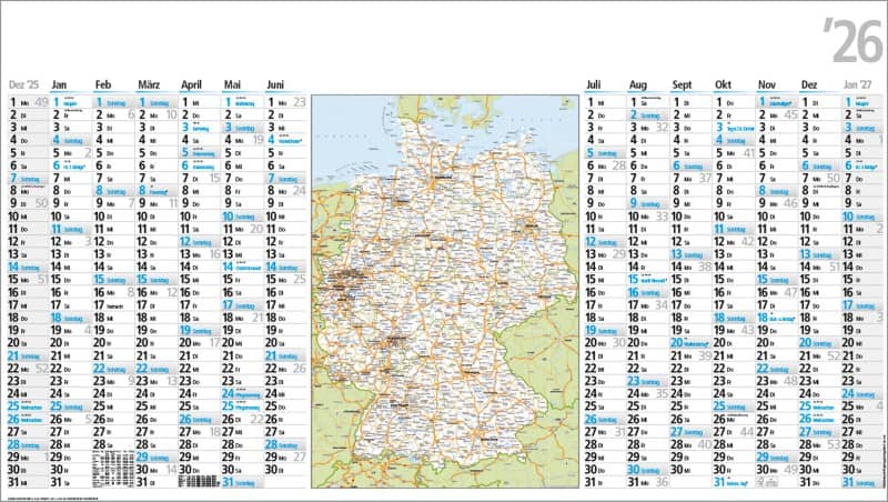 Bühner Wandplaner 2026, 3 Monate pro Seite, gemischt Deutsch, Englisch, Französisch