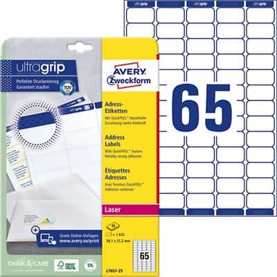 AVERY Zweckform Abziehhilfe QuickPEEL, ultragrip Adressetiketten L7651-25 DIN A4 Weiß 38,1 x 21,2 mm 25 Blatt à 65 Etiketten