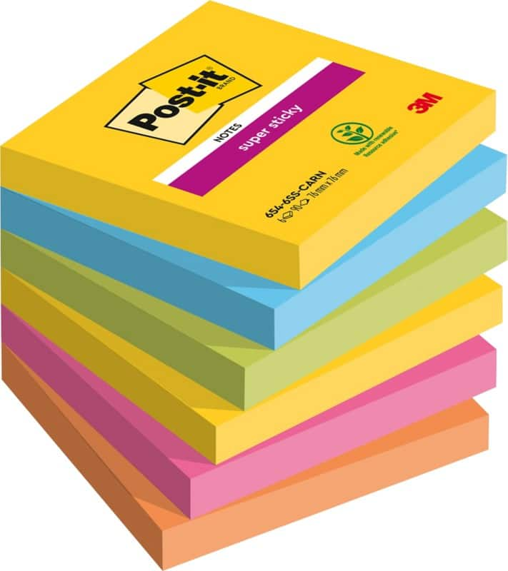 Post-it carnival super sticky haftnotizen 76 x 76 mm farbig sortiert quadratisch 6 stã¼ck ã  90 blatt