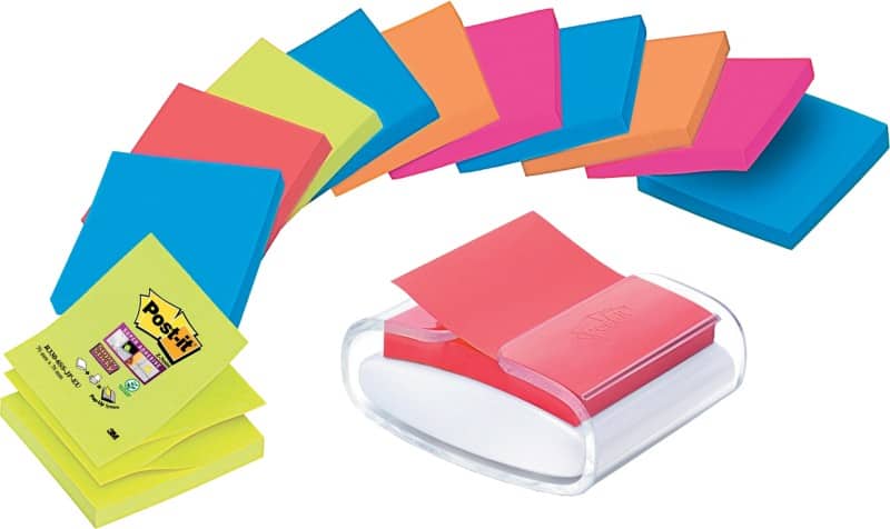 Post-it Z-Notes Pro Haftnotizenspender mit Super Sticky Z-Notes 76 x 76 mm Farbig sortiert 12 Blöcke à 90 Blatt