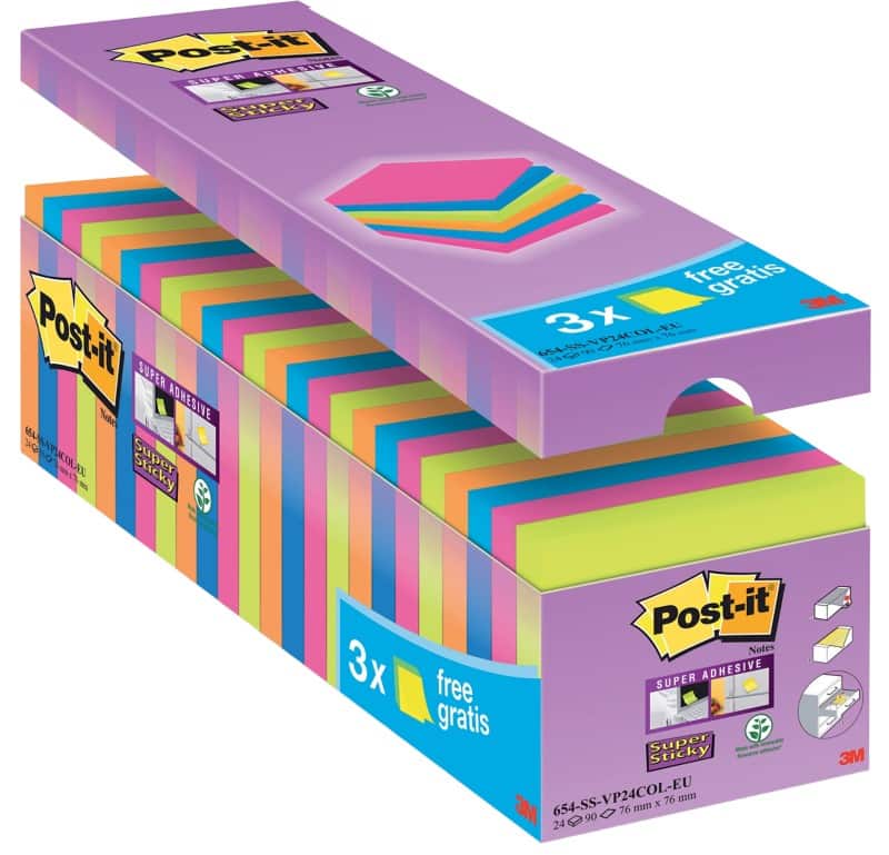 Post-it super sticky notes haftnotizen 76 x 76 mm farbig sortiert 90 blatt vorteilspack 21 blã¶cke + 3 gratis
