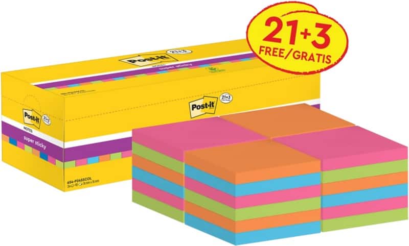 Post-it Super Sticky Notes Haftnotizen 76 x 76 mm Farbig sortiert 90 Blatt Vorteilspack 21 Blöcke + 3 GRATIS