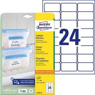 Avery Zweckform L7970-25 Gefrierschrank-Etiketten DIN A4 Weiß 63,5 x 33,9 mm 25 Blatt à 24 Etiketten
