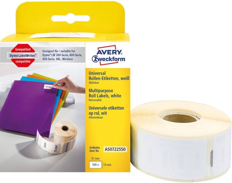 AVERY Zweckform Universaletiketten AS0722550 Selbsthaftend Weiß 19 x 51 mm 1 Rolle à 500 Etiketten