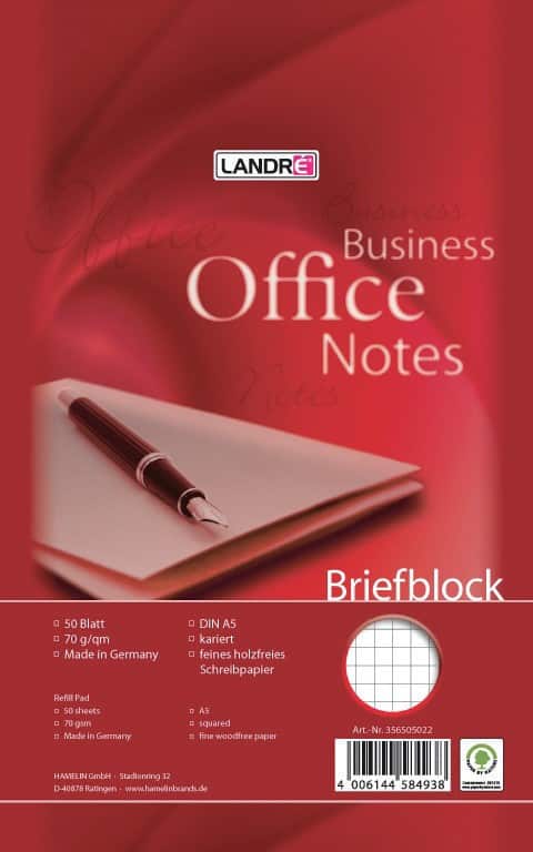 LANDRÉ Briefblock Business Office Notes Weiß Kariert Ungelocht DIN A5 14,8 x 21 cm 50 Blatt