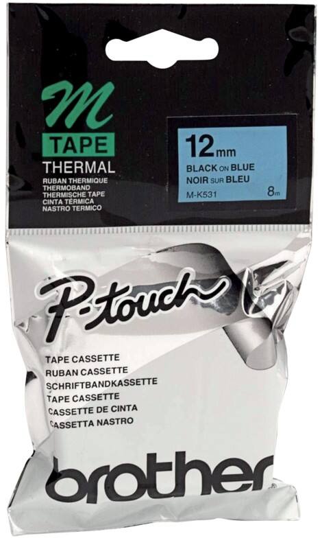 Brother M-K531 Authentic Schriftband Selbstklebend Schwarzer Druck auf Blau 12 mm x 8m
