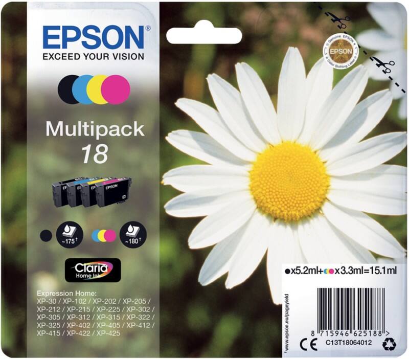 Epson 18 Original Tintenpatrone C13T18064012 Schwarz, Cyan, Magenta, Gelb Multipack 4 Stück