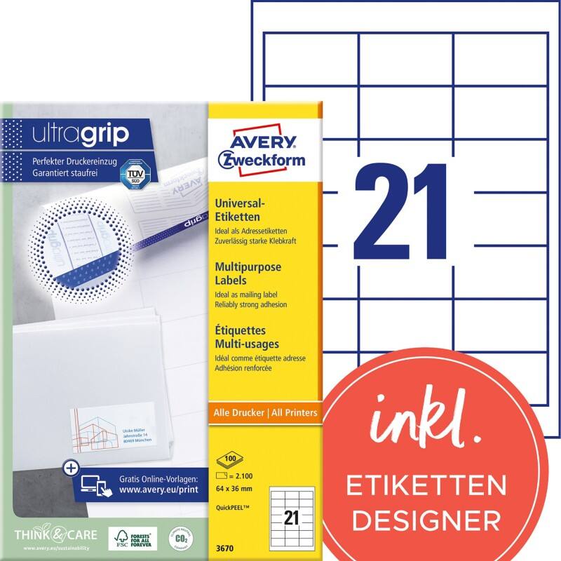 AVERY Zweckform Abziehhilfe QuickPEEL,ultragrip Laser Universaletiketten 3670 Selbsthaftend DIN A4 Weiß 64 x 36 mm 100 Blatt à 21 Etiketten