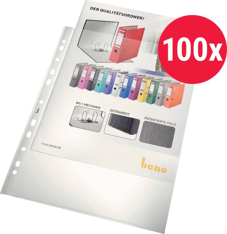 Bene Prospekthüllen DIN A4 Glasklar Transparent 110 Mikron PP (Polypropylen) Öffnung oben 11 Löcher 206825WS 100 Stück