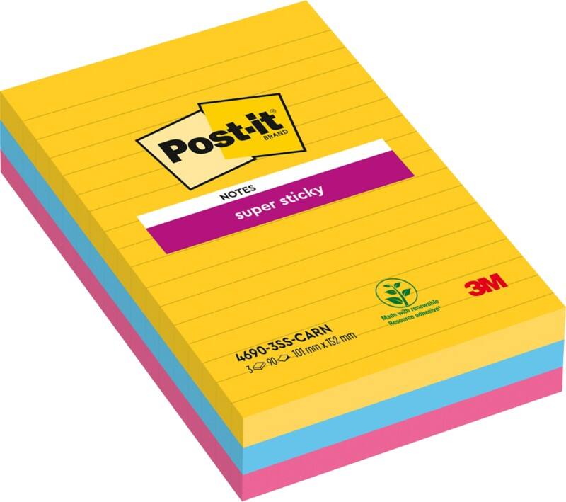 Post-it Rio Haftnotizen 101 x 152 mm Farbig sortiert Rechteckig Liniert 3 Stück à 90 Blatt