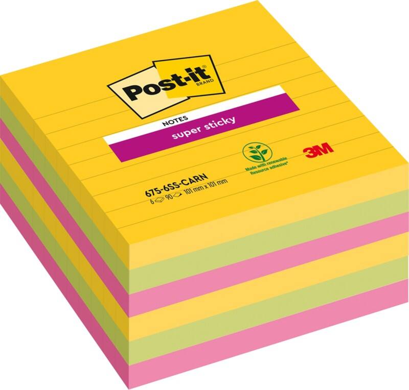 Post-it Rio Haftnotizen 101 x 101 mm Farbig sortiert Quadratisch Liniert 6 Stück à 90 Blatt