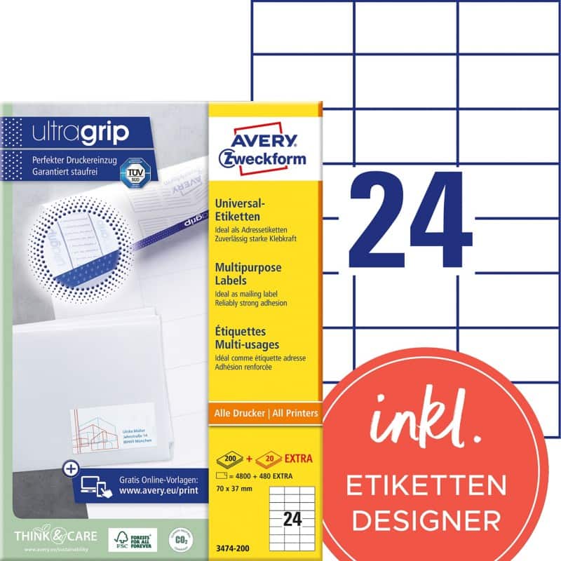 AVERY Zweckform ultragrip Universaletiketten 3474-200 Selbsthaftend DIN A4 Weiß 70 x 37 mm 220 Blatt à 24 Etiketten