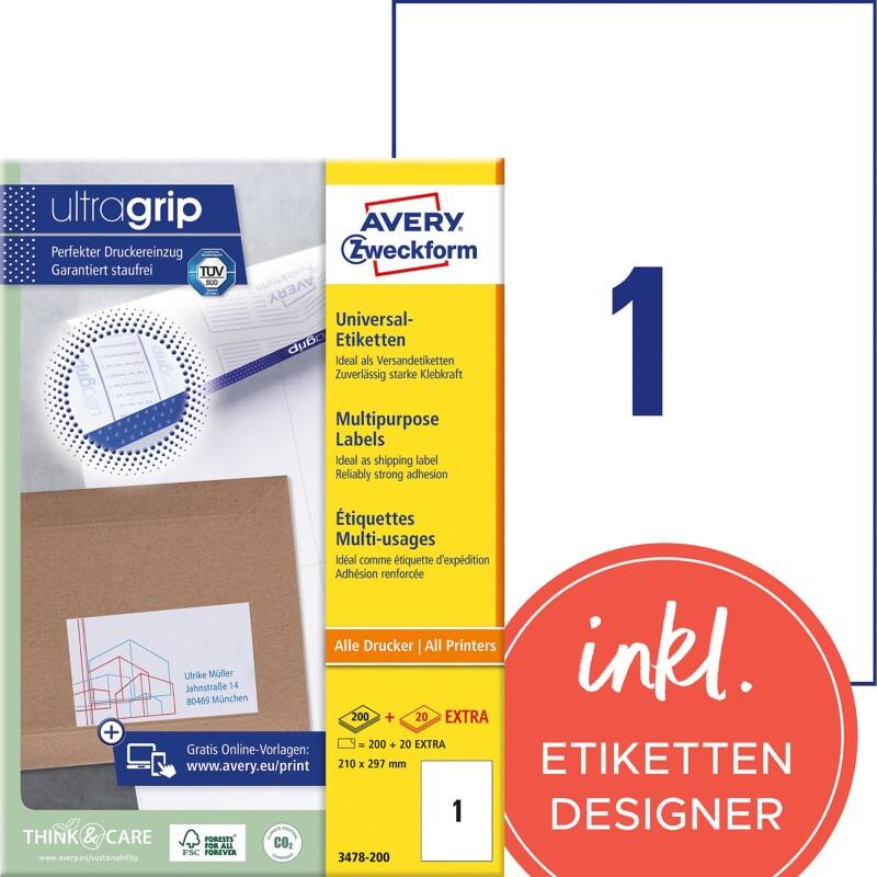 AVERY Zweckform ultragrip Universaletiketten 3478-200 Selbsthaftend DIN A4 Weiß 210 x 297 mm 220 Blatt à 1 Etiketten