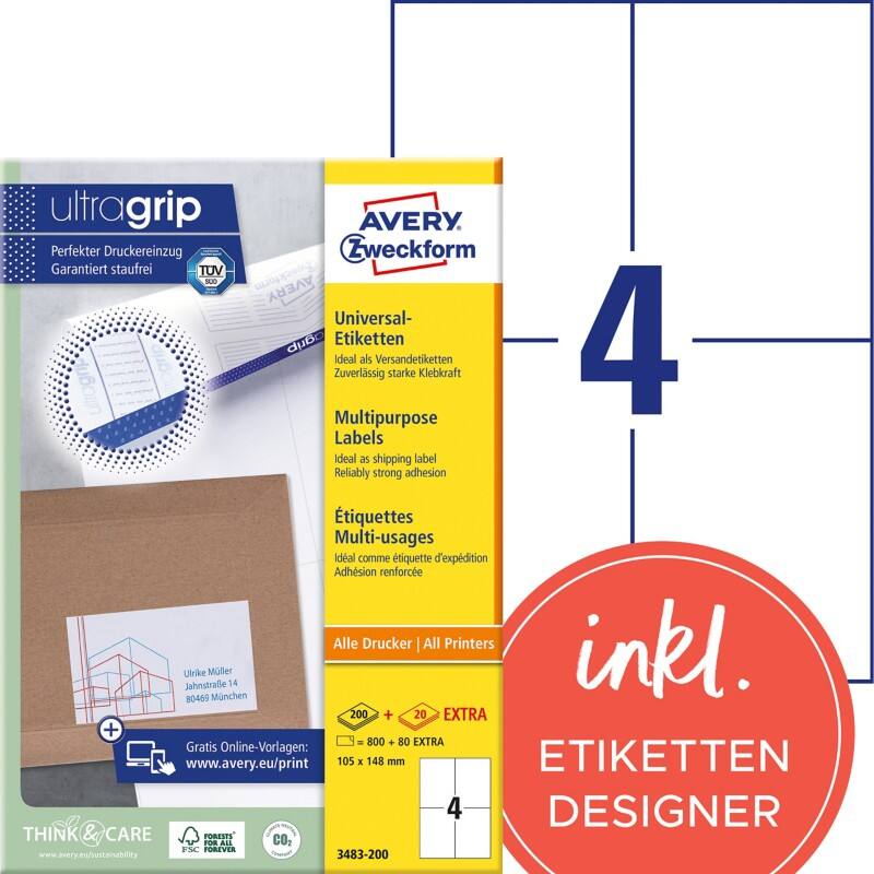AVERY Zweckform ultragrip Universaletiketten 3483-200 Selbsthaftend DIN A4 Weiß 105 x 148 mm 220 Blatt à 4 Etiketten