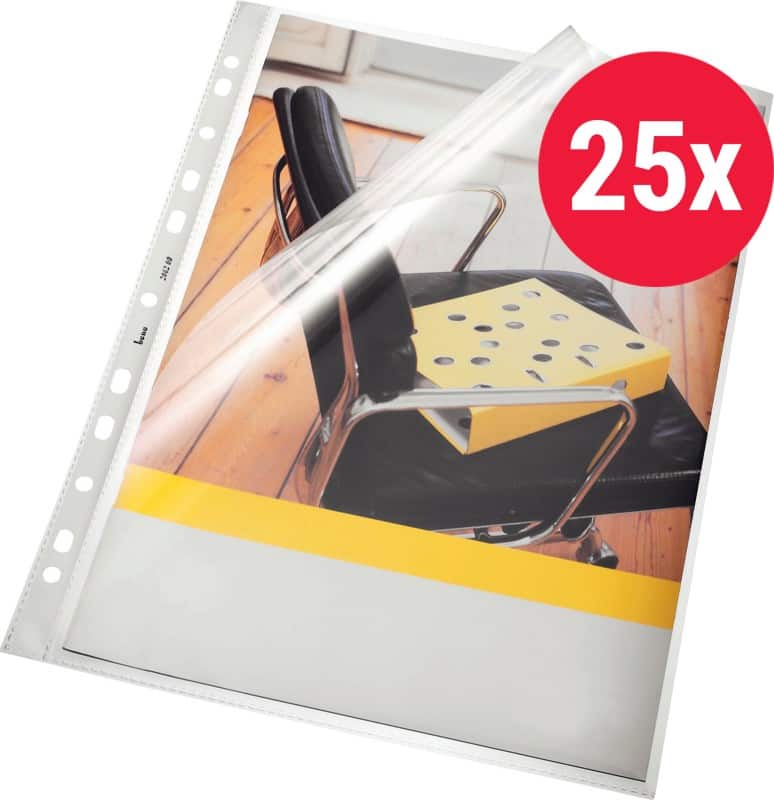 Bene Prospekthüllen  DIN A4 Glasklar Transparent 140 Mikron PP (Polypropylen) Öffnung oben und links 11 Löcher 25 Stück