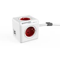 Allocacoc PowerCube Power Extension mit 4 Kontakten und 2 USB-A 1,5 m, weiß, rot