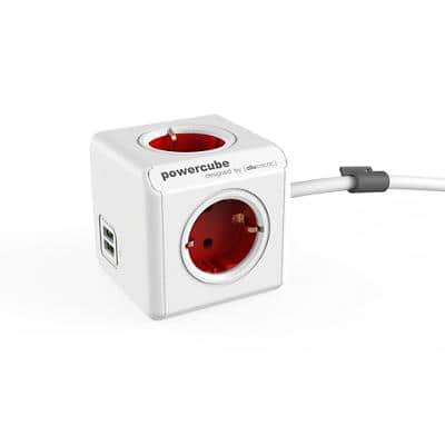 Allocacoc PowerCube Power Extension mit 4 Kontakten und 2 USB-A 1,5 m, weiß, rot