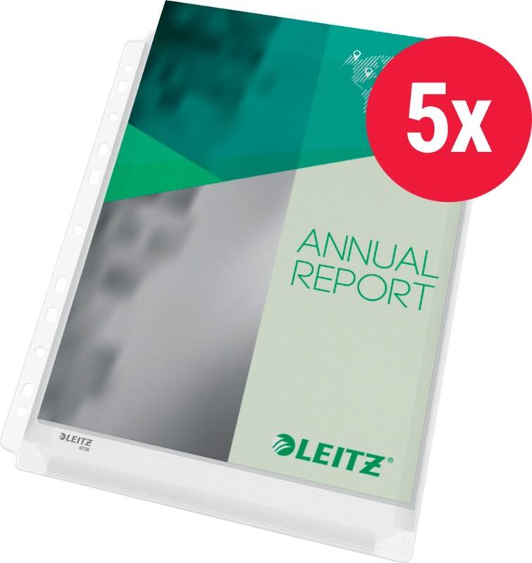 Leitz Premium Maxi Prospekthüllen DIN A4 Genarbt Transparent 170 Mikron PVC (Polyvinylchlorid) Öffnung oben 11 Löcher 47563003 5 Stück